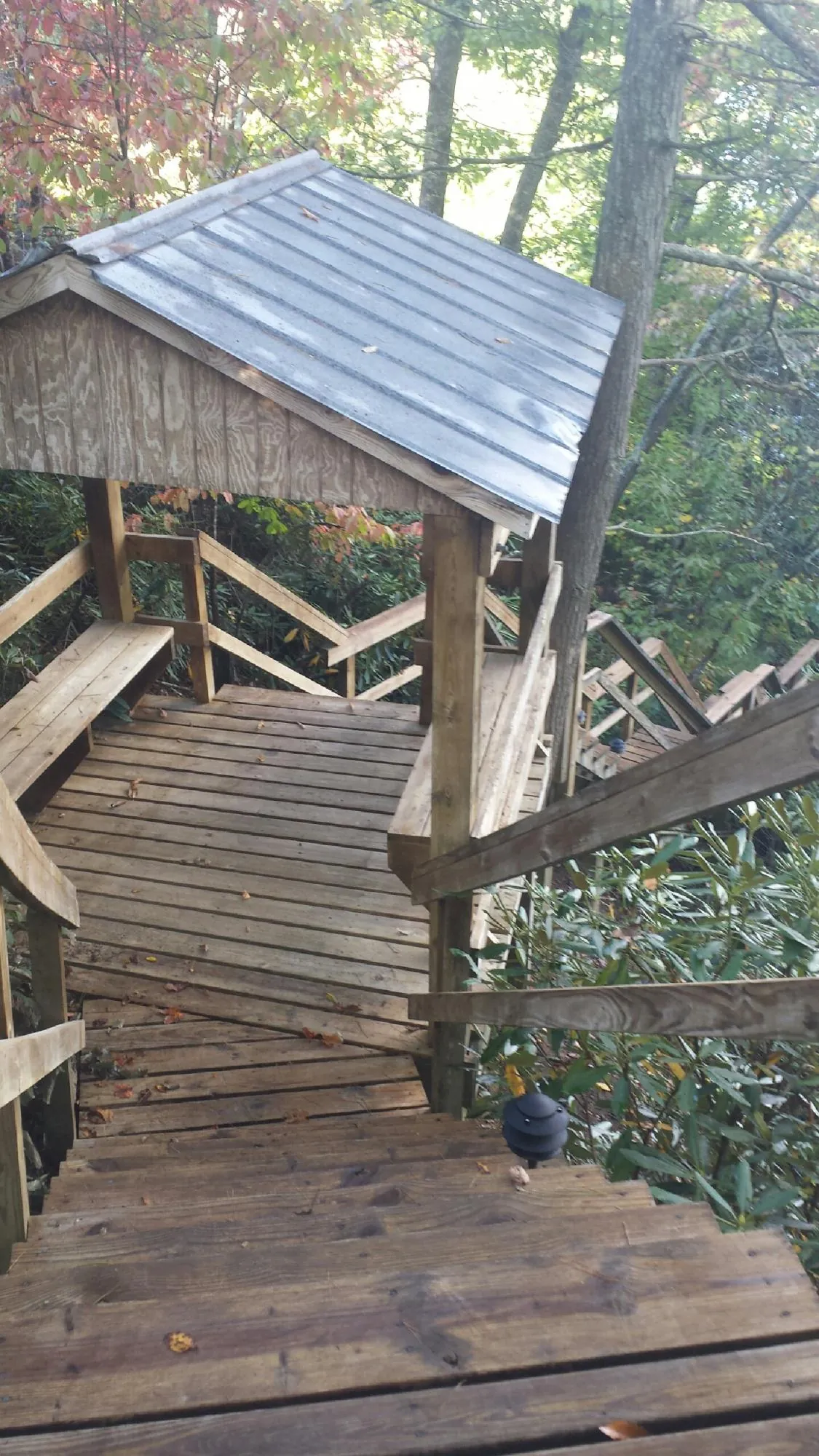Metal roofed shelter over wooden steps on a wooded walkway — Skylight Repair & Installation work by our crew in Dike